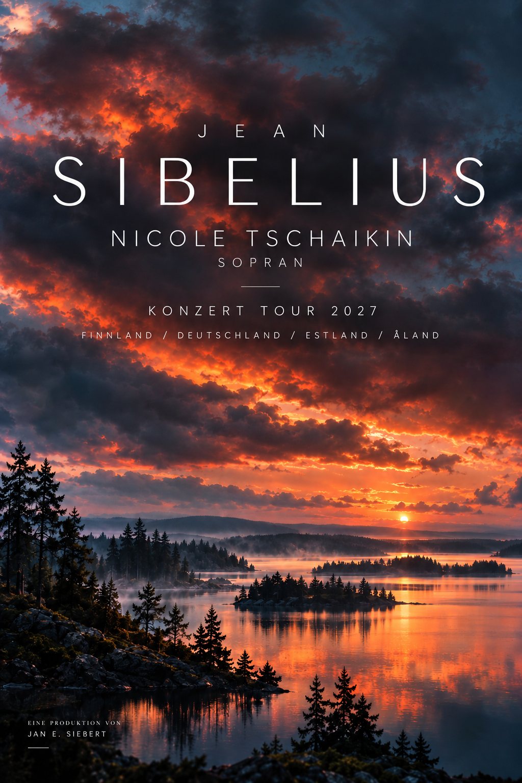 Tourplakat: Jean Sibelius, Nicole Tschaikin, Konzert Tour 2027, Finnland, Deutschland, Estland, Åland