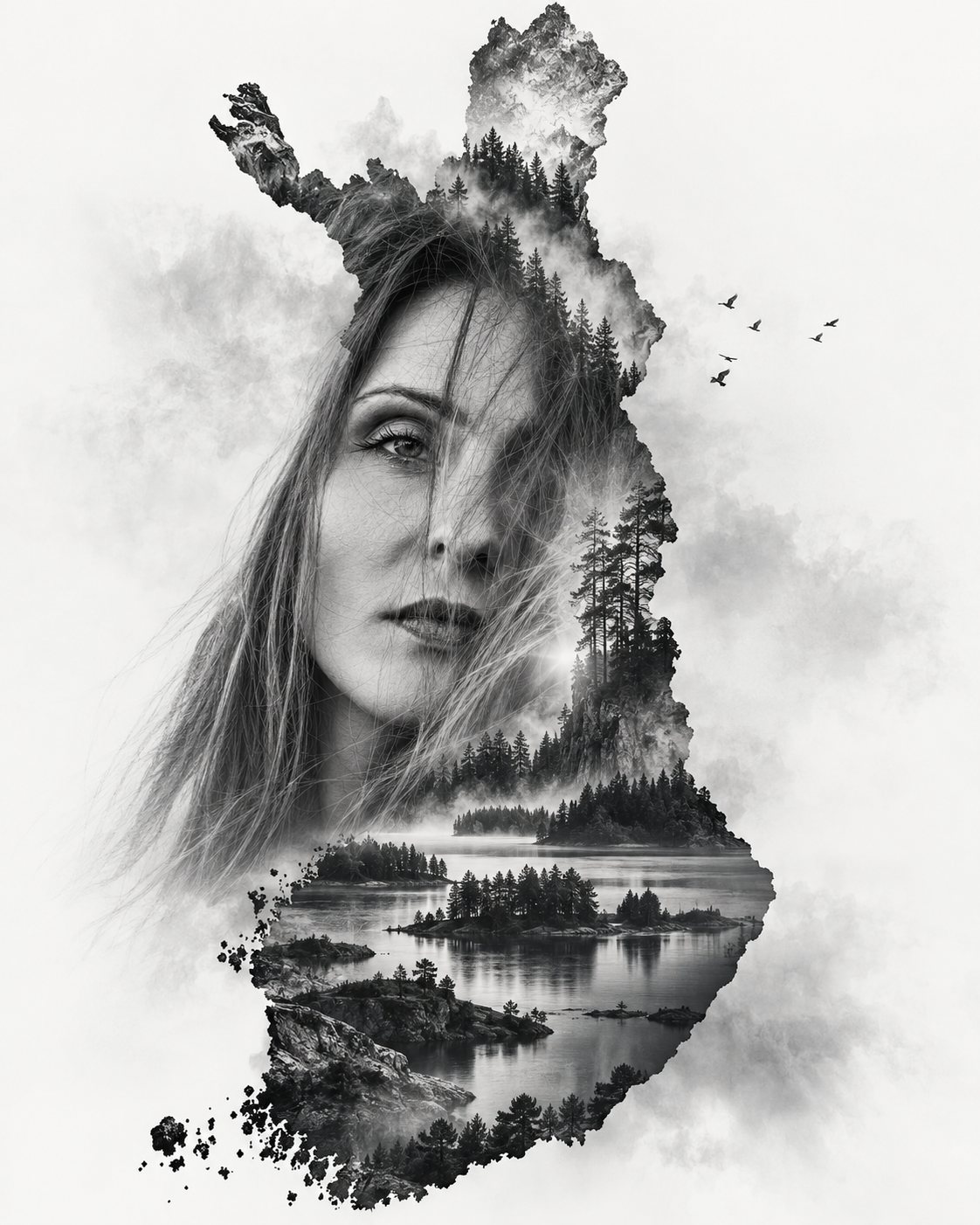 Tourmotiv: Porträt von Nicole Tschaikin, verwoben mit der Silhouette Finnlands aus Wäldern, Seen und Nebel